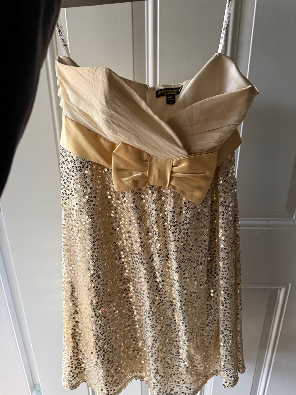 Betsey Johnson Gold Sequin Strapless Dress with Satin Bow